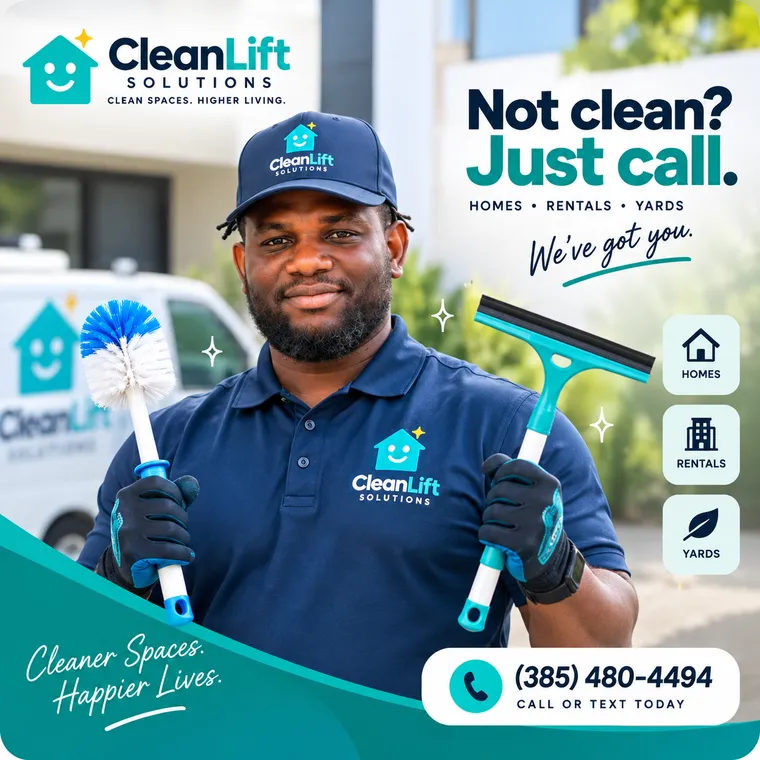 Eriel Rama Yengo of Clean Lift Solutions holding a brush and a squeegee. Not clean? Just call. Homes, rentals and yards. Call or text (385) 480-4494.
