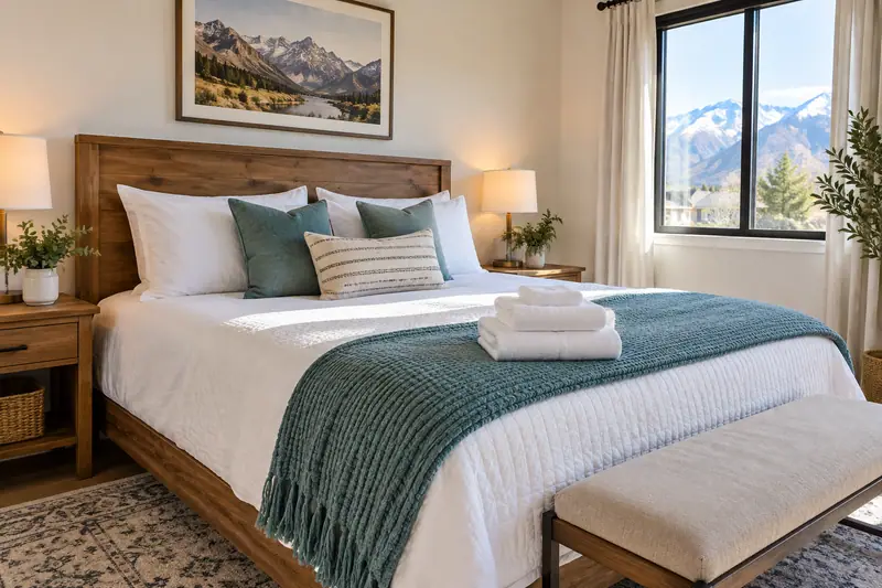 A guest bedroom with fresh linens and folded towels