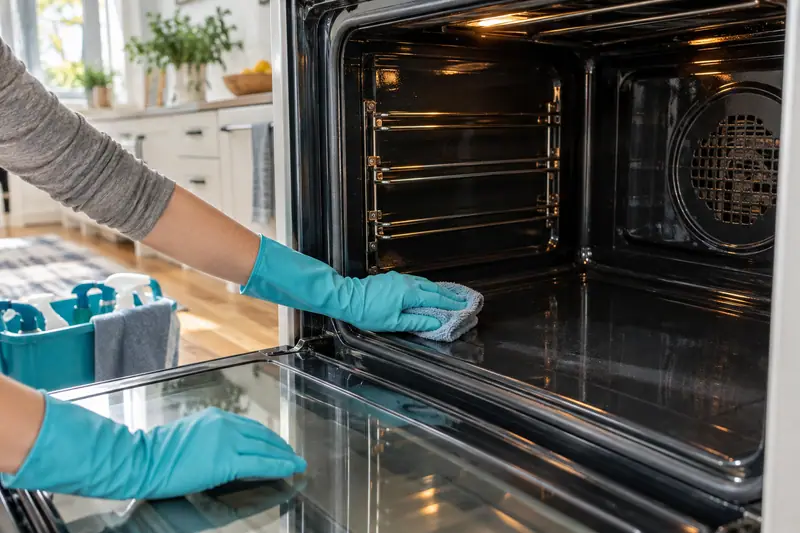 Gloved hands carefully cleaning the inside of an oven