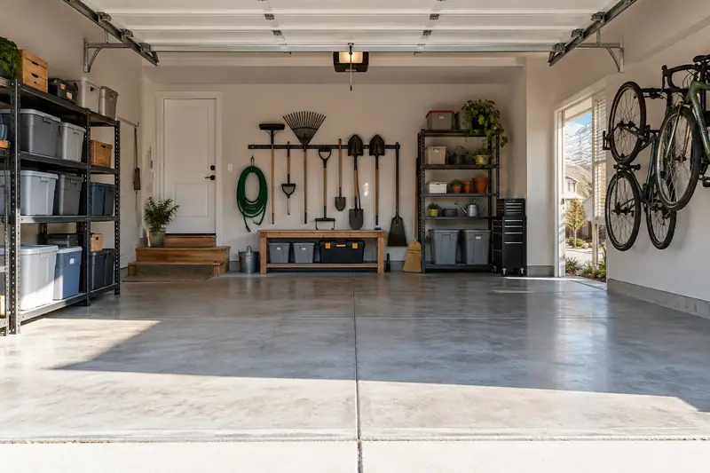 An organized garage with swept floors and tidy storage