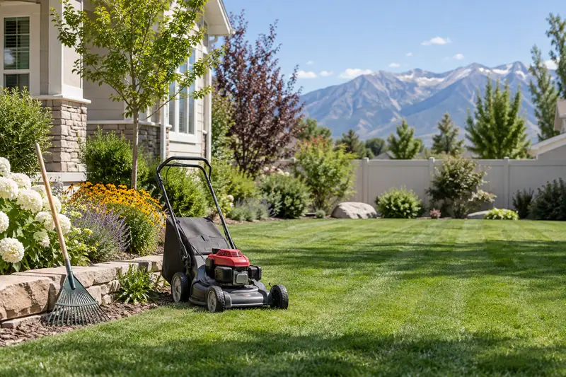 A maintained garden with a lawn mower and rake