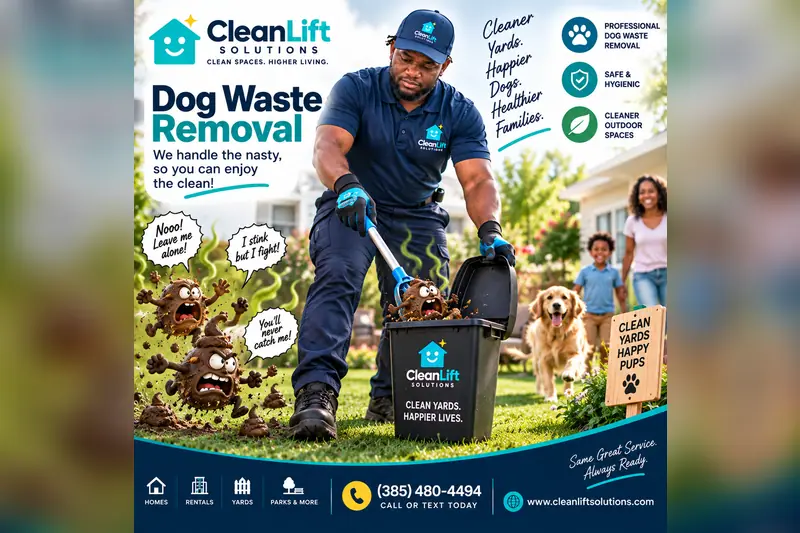 Dog waste removal. We handle the nasty, so you can enjoy the clean. A Clean Lift Solutions cleaner clearing a lawn while a family and their dogs look on. Call or text (385) 480-4494.