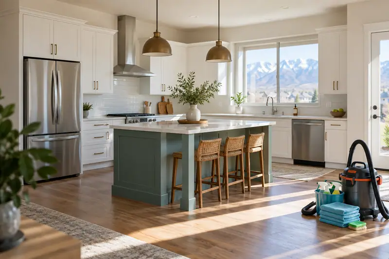 A finished kitchen with equipment for a final construction clean