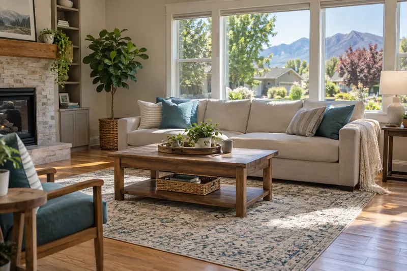 A tidy living room with clean floors and natural light