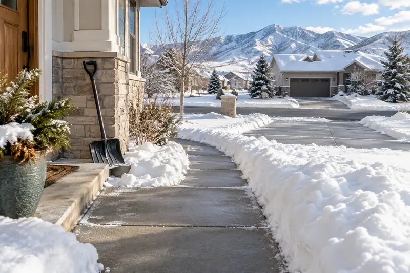 A shoveled walkway and driveway beside a snowy home