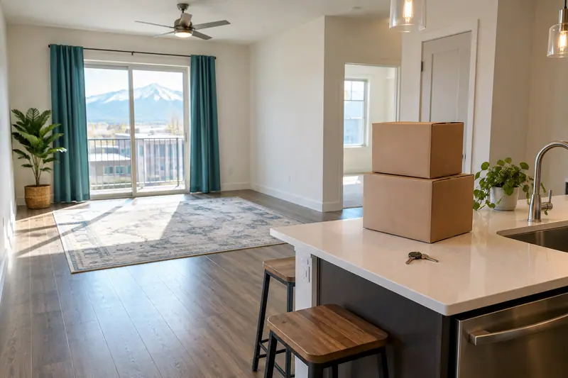 A clean student apartment with moving boxes and keys