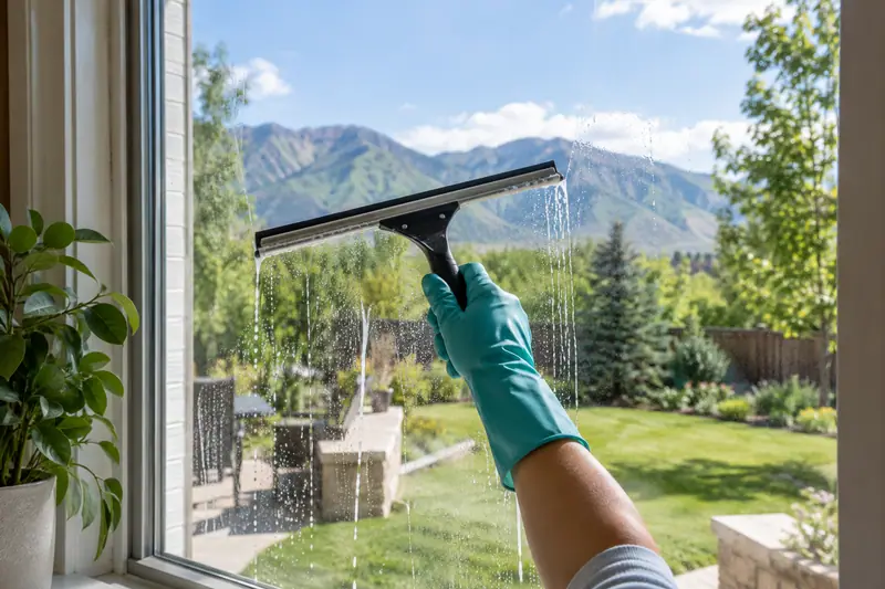 A squeegee cleaning a residential window overlooking a garden